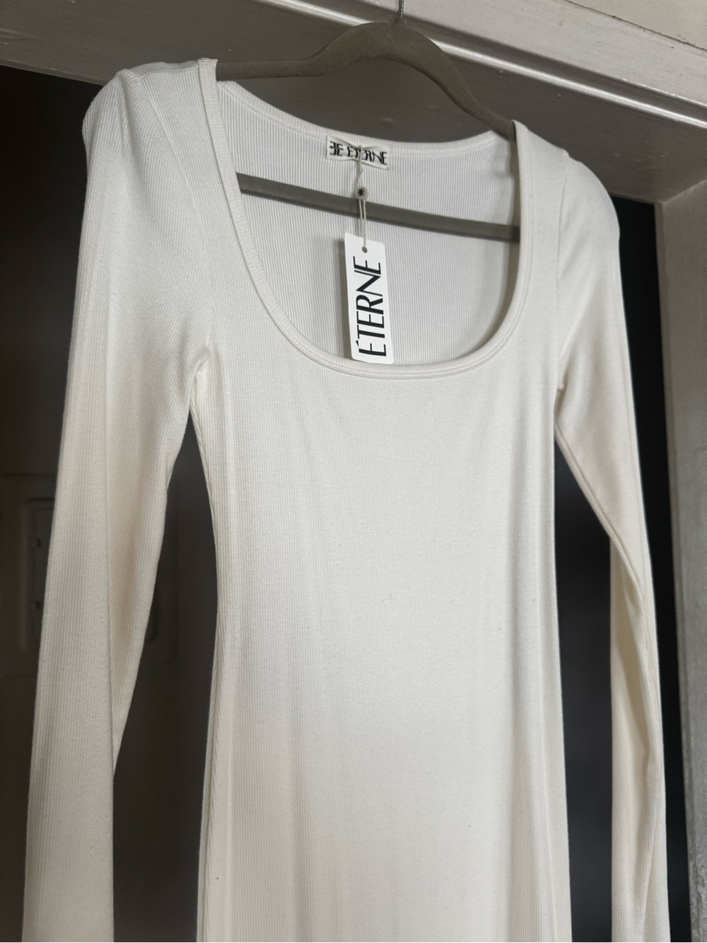 Eterne Cream Ribbed Long Sleeve Scoop Neck Top